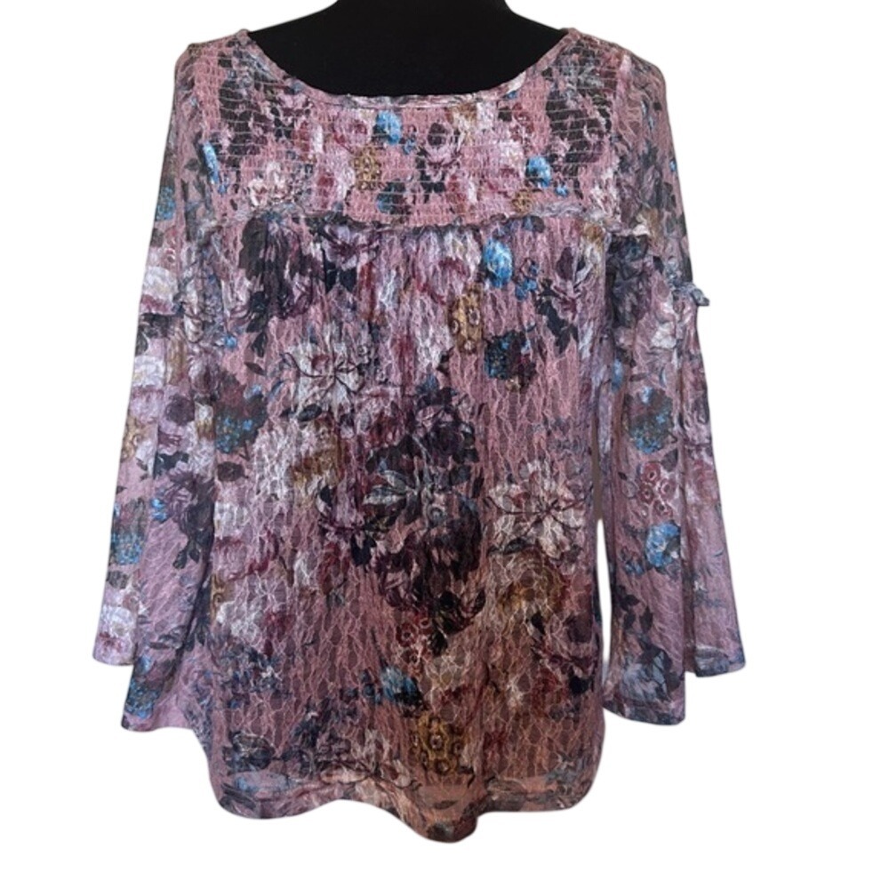 Akemi + Kin Anthropologie Sheer Lace Bell Sleeve Boho Peasant Top Blouse Size XS